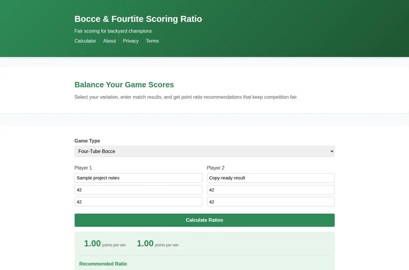 Screenshot of Bocce & Fourtite Scoring Ratio Calculator interface showing the project page in use